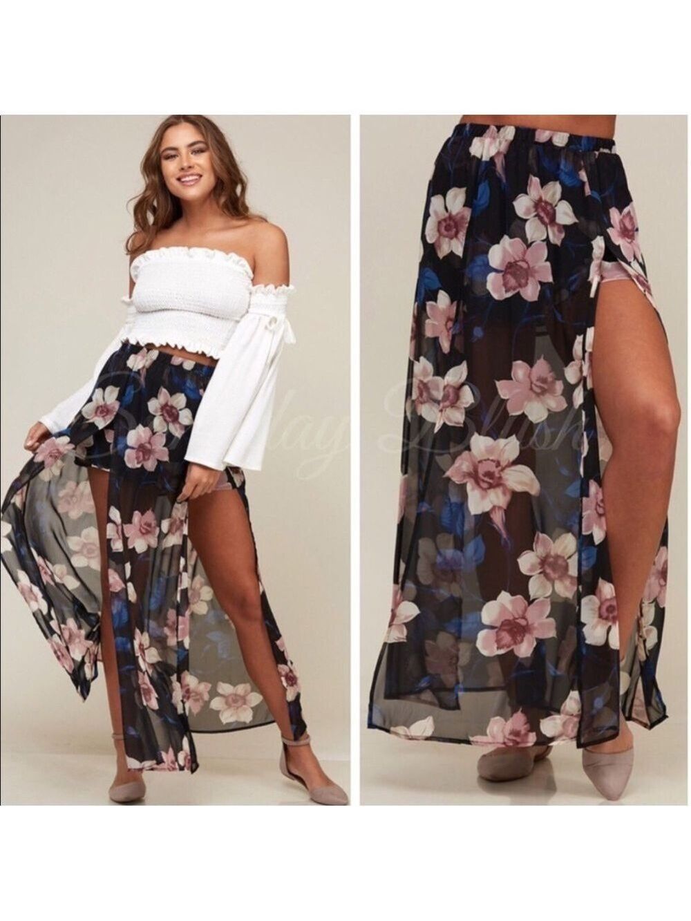 Floral Sheer Black Maxi Skirt with Side Slit - Picture 1 of 7